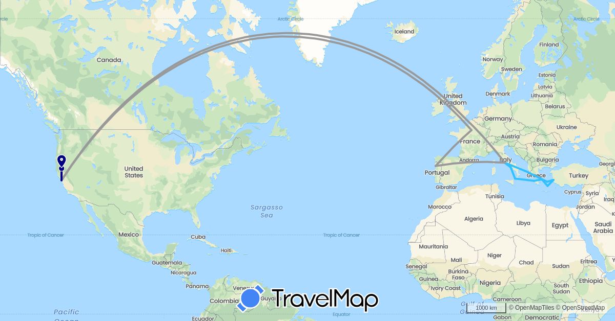 TravelMap itinerary: driving, plane, boat in France, United Kingdom, Greece, Italy, Portugal, Turkey, United States (Asia, Europe, North America)